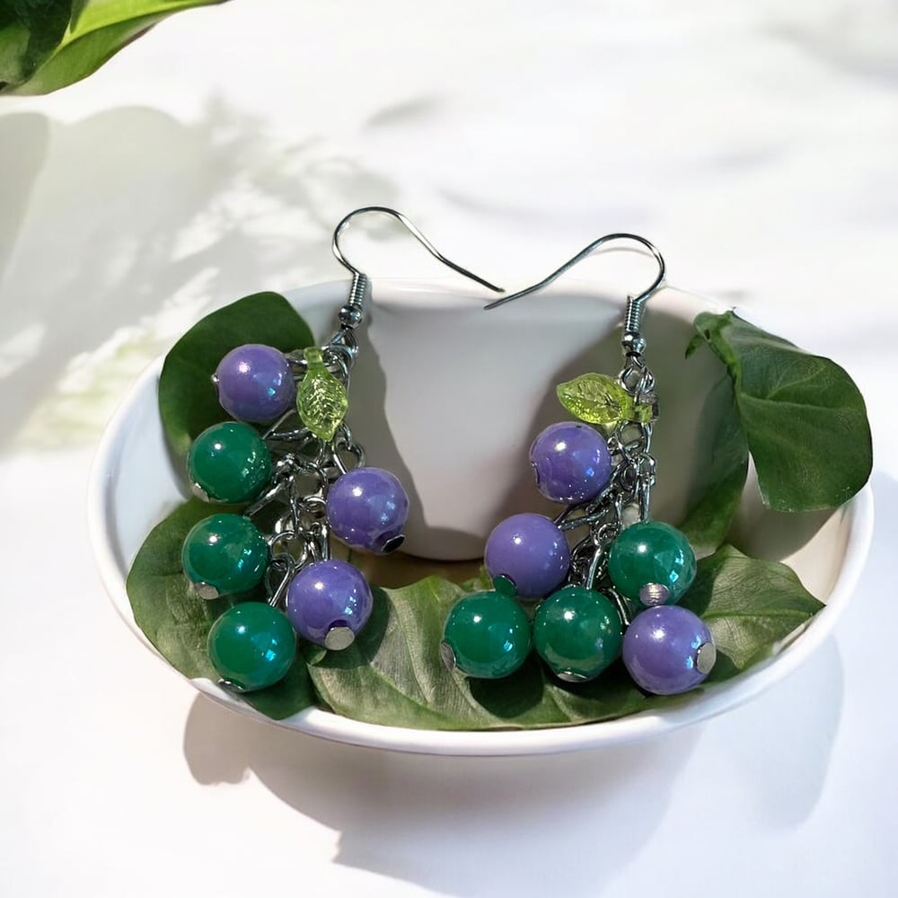 Image of Purple and Green Beaded Dangle Earrings