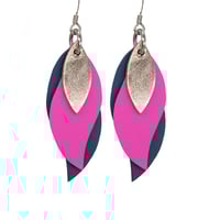 Image 1 of Australian made leather earrings - Leaf. Rose gold, flurescent pink, navy blue