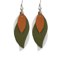 Image 1 of Australian made leather earrings - Leaf. Tan, olive green, white