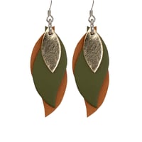 Image 1 of Australian made leather earrings - Leaf. Gold, olive green, tan