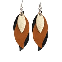 Image 1 of Australian made leather earrings - Leaf.  Gold, tan, black