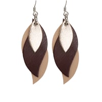Image 1 of Australian made leather earrings - Leaf. Rose gold, burgundy, natural.