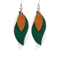 Image 1 of Australian made leather earrings - Leaf. Tan, forest green, white.
