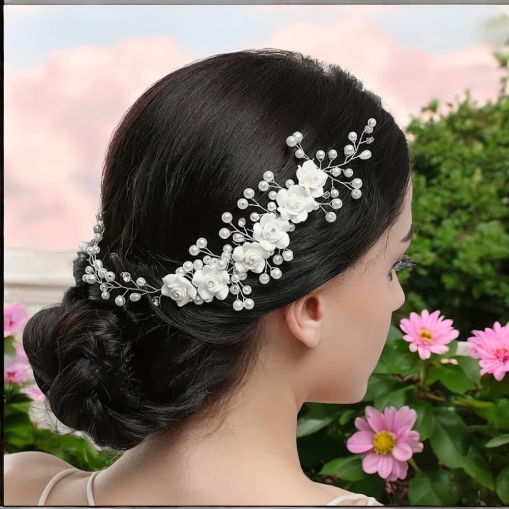 Image of Floral Wedding Hair Comb and Pins • Pearl & Crystal Wedding Comb • Handmade Wedding Hair Comb