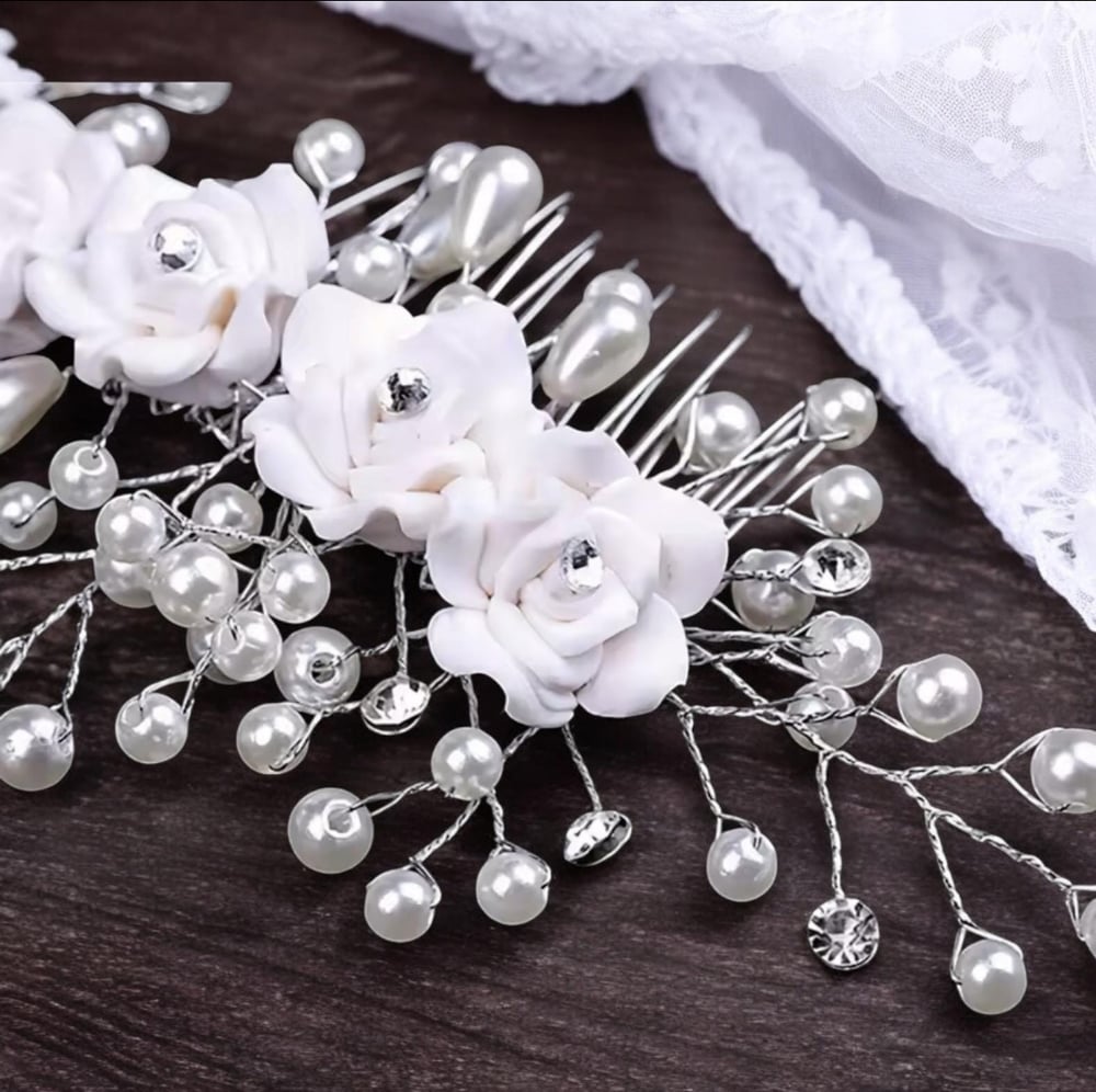Image of Floral Wedding Hair Comb and Pins • Pearl & Crystal Wedding Comb • Handmade Wedding Hair Comb