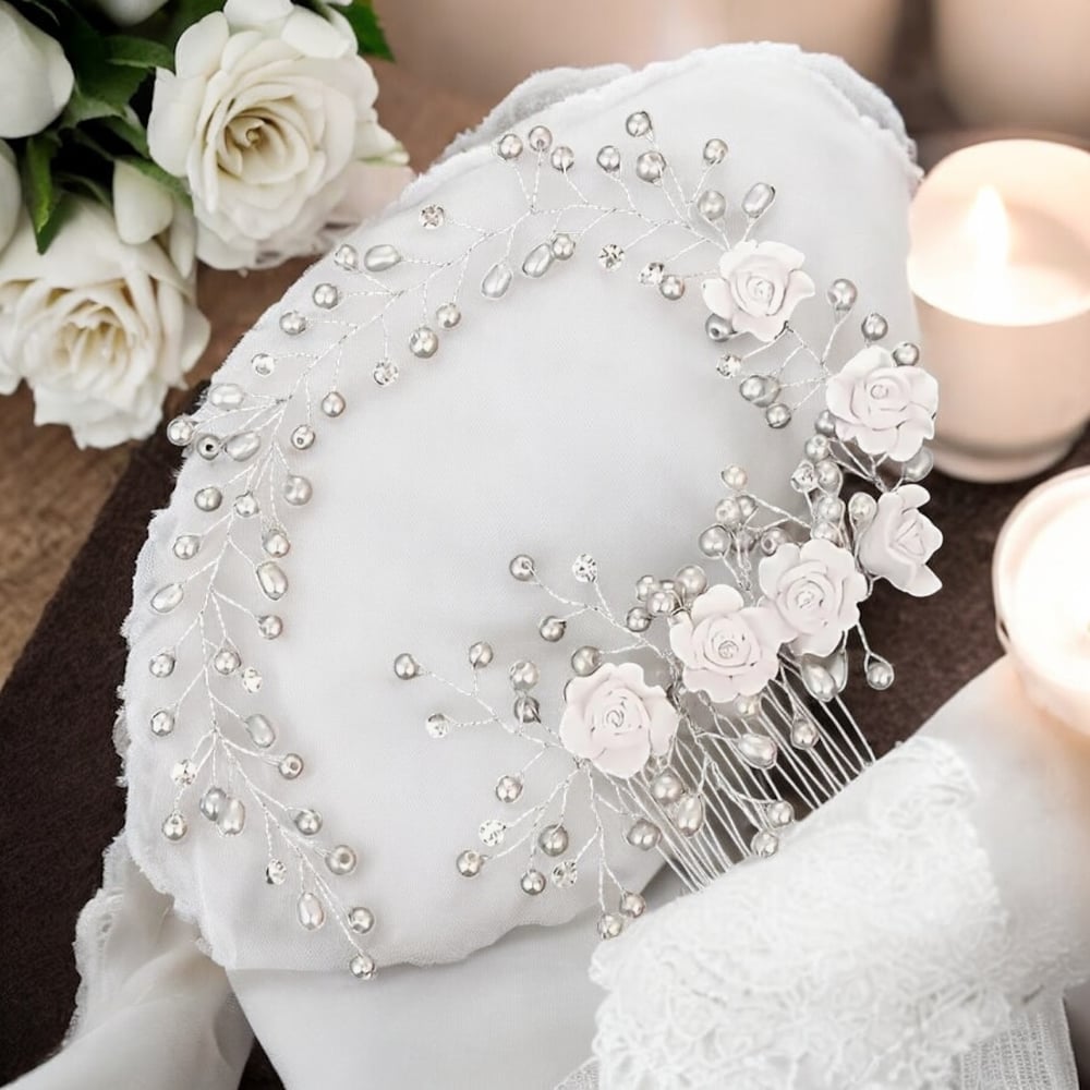 Image of Floral Wedding Hair Comb and Pins • Pearl & Crystal Wedding Comb • Handmade Wedding Hair Comb