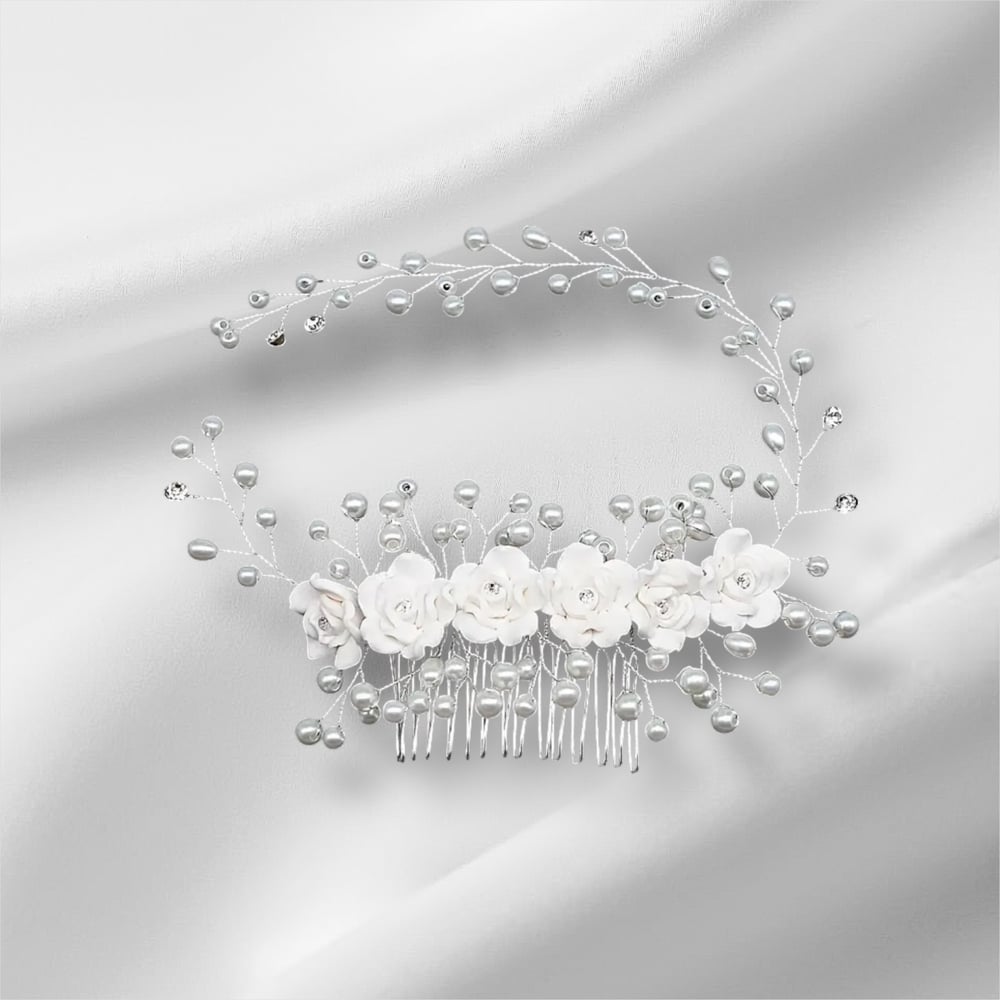 Image of Floral Wedding Hair Comb and Pins • Pearl & Crystal Wedding Comb • Handmade Wedding Hair Comb