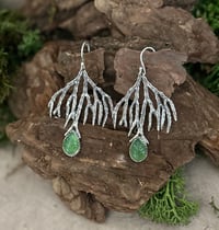 Image 1 of Unique sterling sterling silver earrings with leaf carved natural Serpentine stone