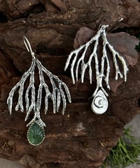 Image 2 of Unique sterling sterling silver earrings with leaf carved natural Serpentine stone