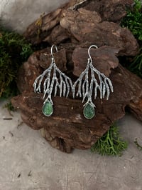 Image 3 of Unique sterling sterling silver earrings with leaf carved natural Serpentine stone