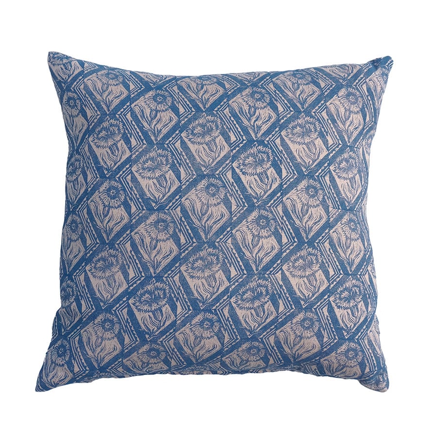 Image of Garden Pinks - Block Printed - Cushion - Plaster + Slate Blue