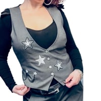 Image 2 of Women’s Gray Pinstripe Vest Vintage Y2K custom made w/ sparkling stars & pocket chain detail 