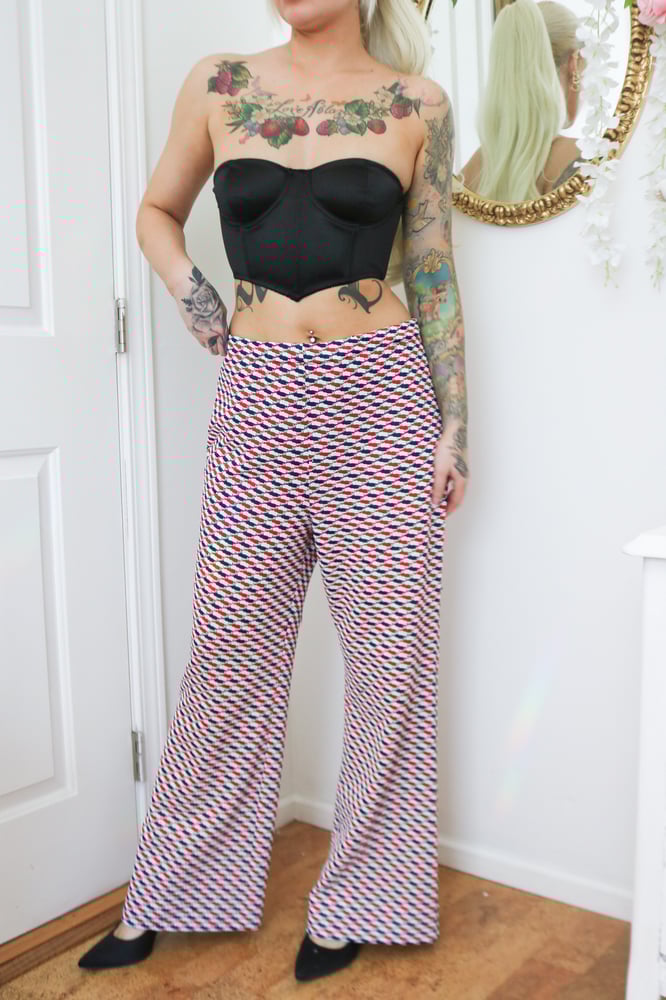 Image of Vintage 70s Handmade Blue and Red Retro Flare Pants (Medium Please Read Measurements)