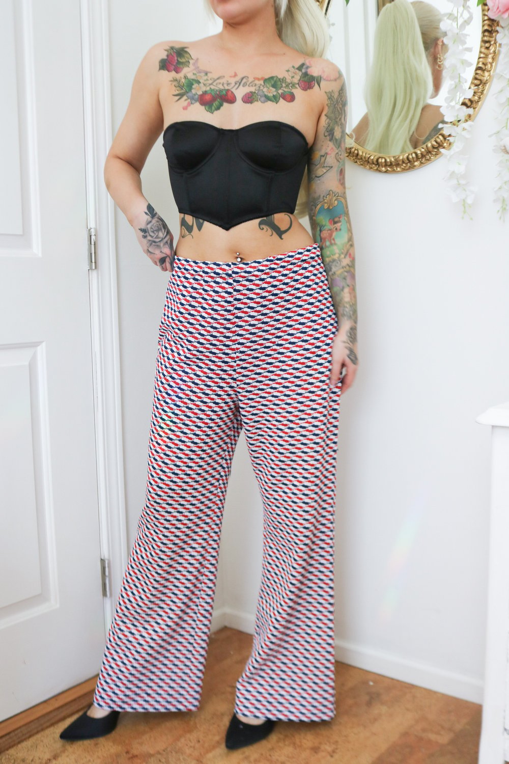Vintage 70s Handmade Blue and Red Retro Flare Pants (Medium Please Read Measurements)