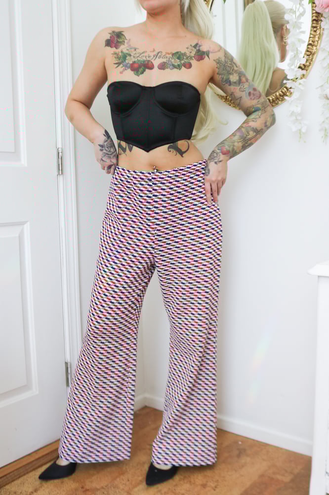 Image of Vintage 70s Handmade Blue and Red Retro Flare Pants (Medium Please Read Measurements)