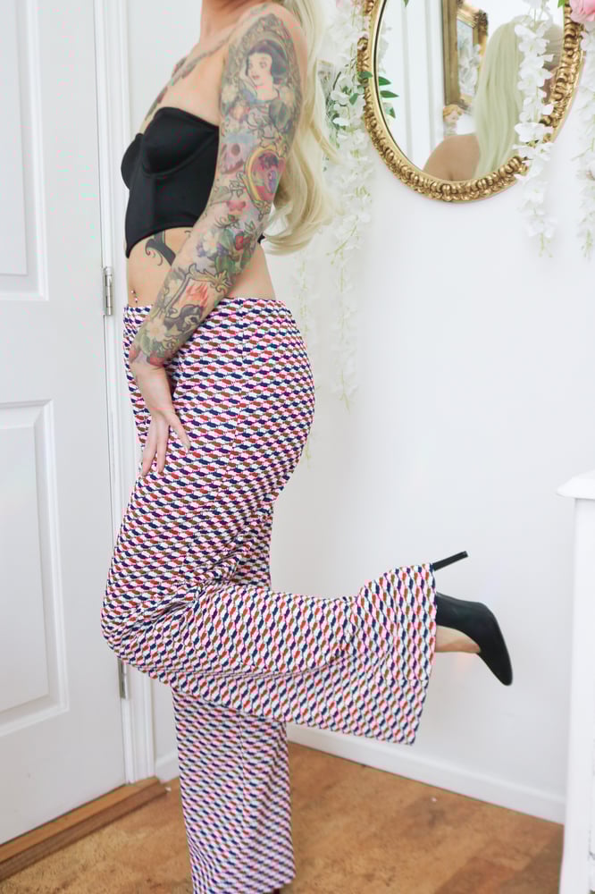 Image of Vintage 70s Handmade Blue and Red Retro Flare Pants (Medium Please Read Measurements)