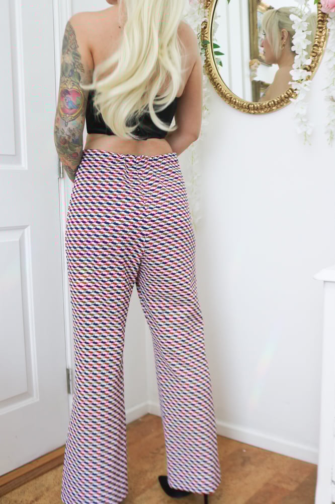 Image of Vintage 70s Handmade Blue and Red Retro Flare Pants (Medium Please Read Measurements)