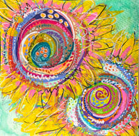 Image 1 of Morning Sunlight,  8x8, Watercolor and Mixed Media Painting, not matted, framed, abstract sunflowers