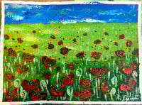 Image 1 of Papavero Tuscano I, 7.5x5.5 Acrylic Painting, 11x14 matted, Abstract Poppies in Field