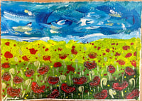 Image 1 of Papavero Tuscano II, 7.5x5.5 Acrylic Painting, 11x14 matted, Abstract Poppies in Field