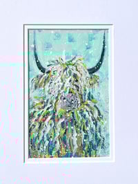 Image 2 of Tartan Braes, 8.5x5.5 Acrylic Painting, 11x14 matted, Abstract Highland Cow