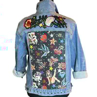 Image 4 of  Womens Uniqlo Stretch Denim jacket SZ - L. Revamped Silver studs pin up girl, old school tattoo
