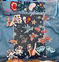Image 5 of  Womens Uniqlo Stretch Denim jacket SZ - L. Revamped Silver studs pin up girl, old school tattoo