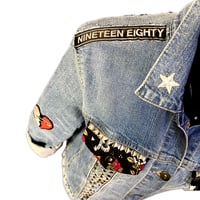 Image 3 of  Womens Uniqlo Stretch Denim jacket SZ - L. Revamped Silver studs pin up girl, old school tattoo