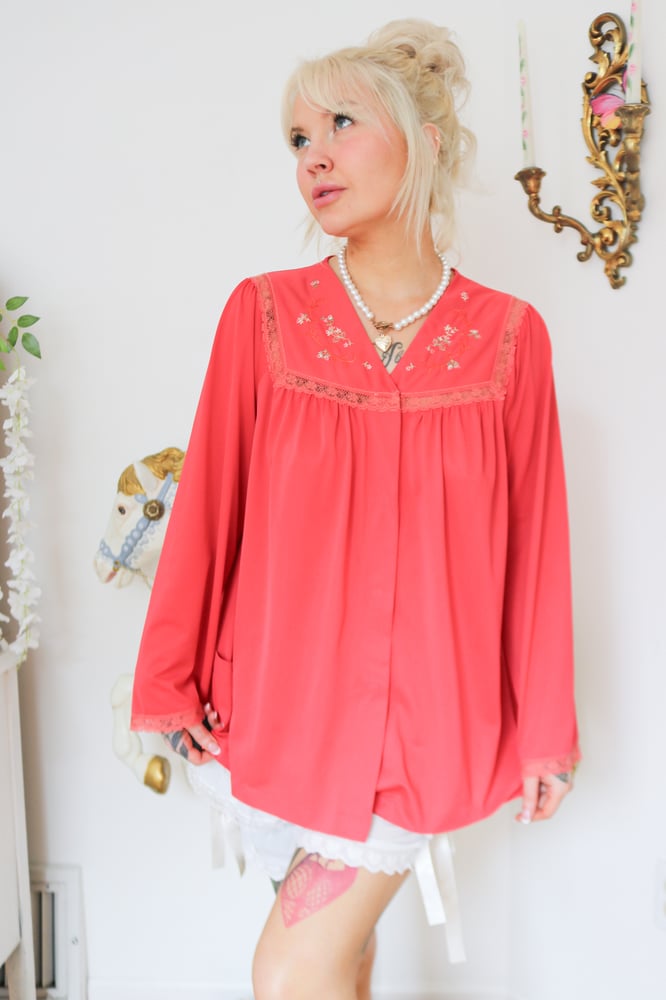 Image of Vintage 1970s Shadowline Red Bed Jacket with Floral Embroidery Details (3 6 - Medium)