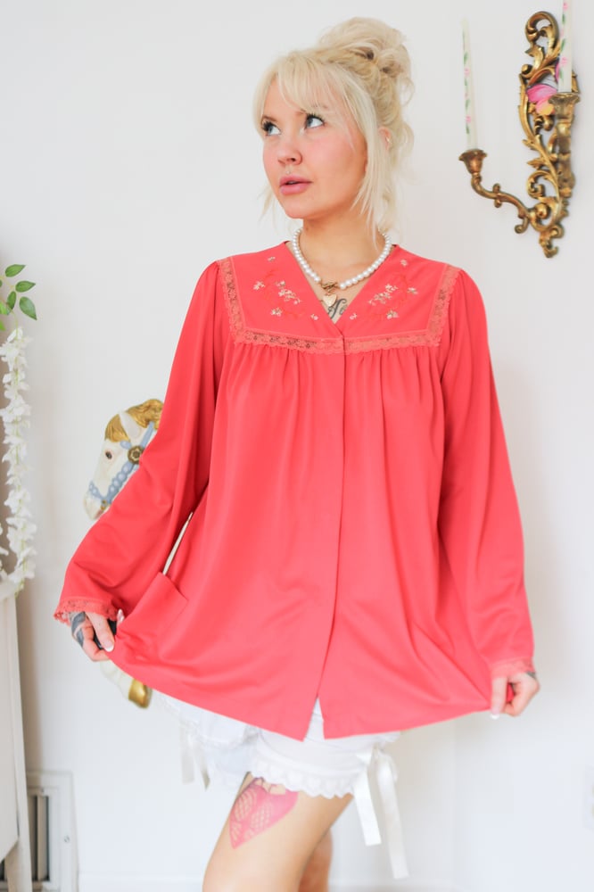 Image of Vintage 1970s Shadowline Red Bed Jacket with Floral Embroidery Details (3 6 - Medium)