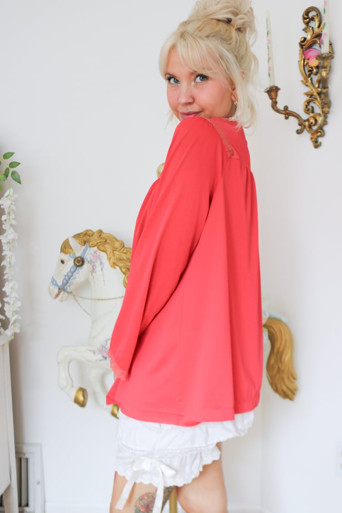 Image of Vintage 1970s Shadowline Red Bed Jacket with Floral Embroidery Details (3 6 - Medium)