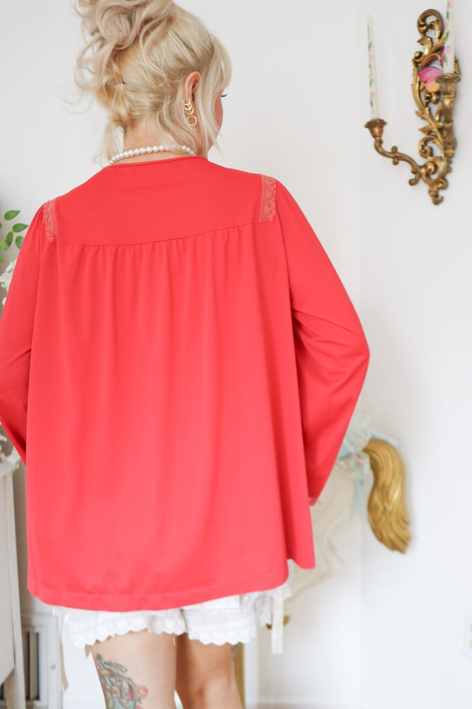 Image of Vintage 1970s Shadowline Red Bed Jacket with Floral Embroidery Details (3 6 - Medium)