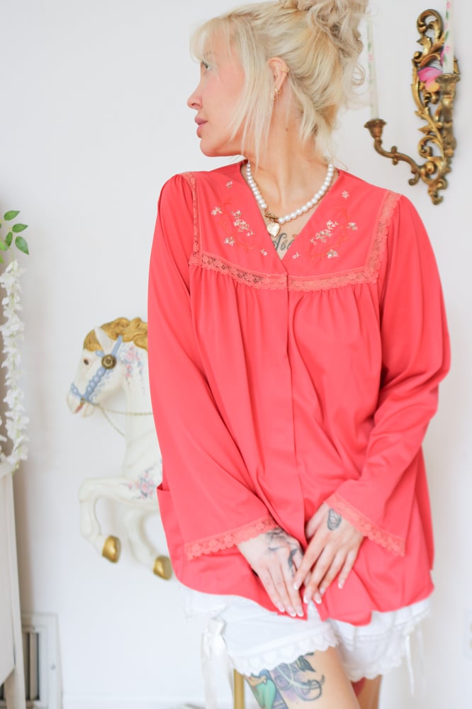 Image of Vintage 1970s Shadowline Red Bed Jacket with Floral Embroidery Details (3 6 - Medium)