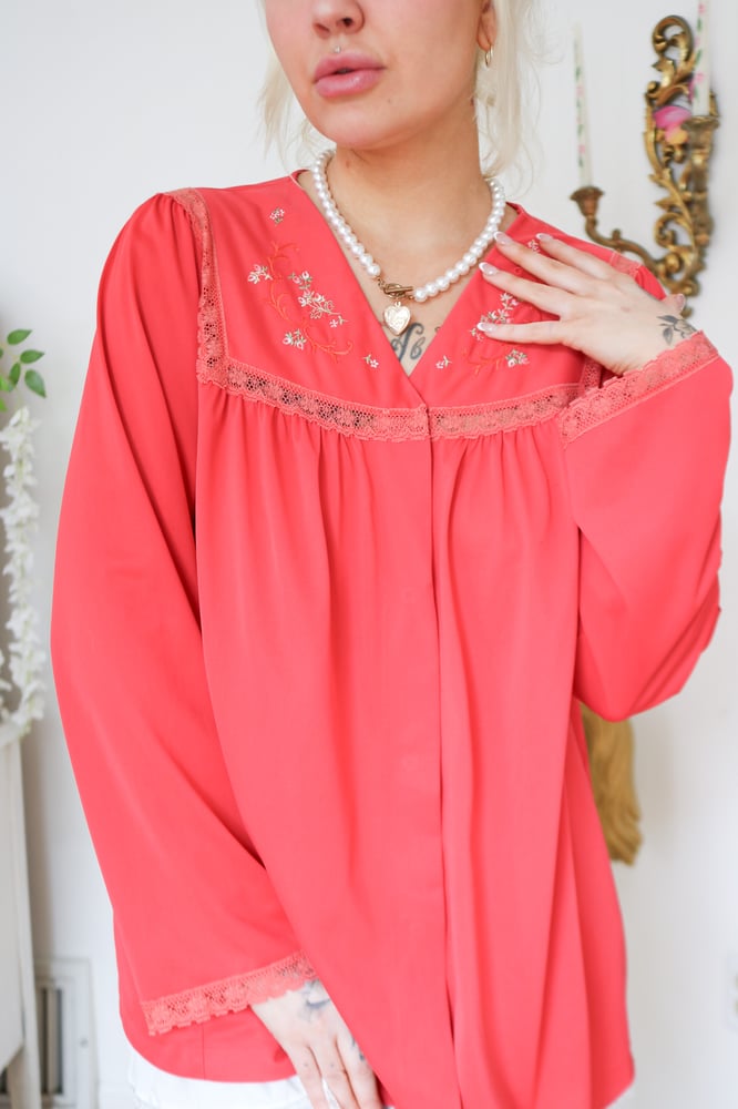 Image of Vintage 1970s Shadowline Red Bed Jacket with Floral Embroidery Details (3 6 - Medium)