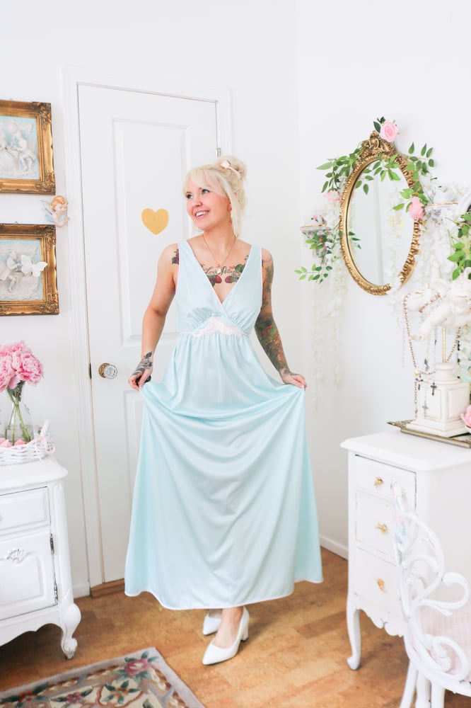 Image of Vintage 1980s Lorraine Baby Blue Floor Length Nightgown (Medium)