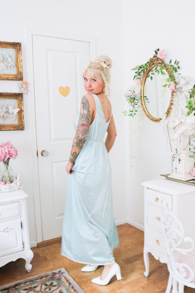 Image of Vintage 1980s Lorraine Baby Blue Floor Length Nightgown (Medium)