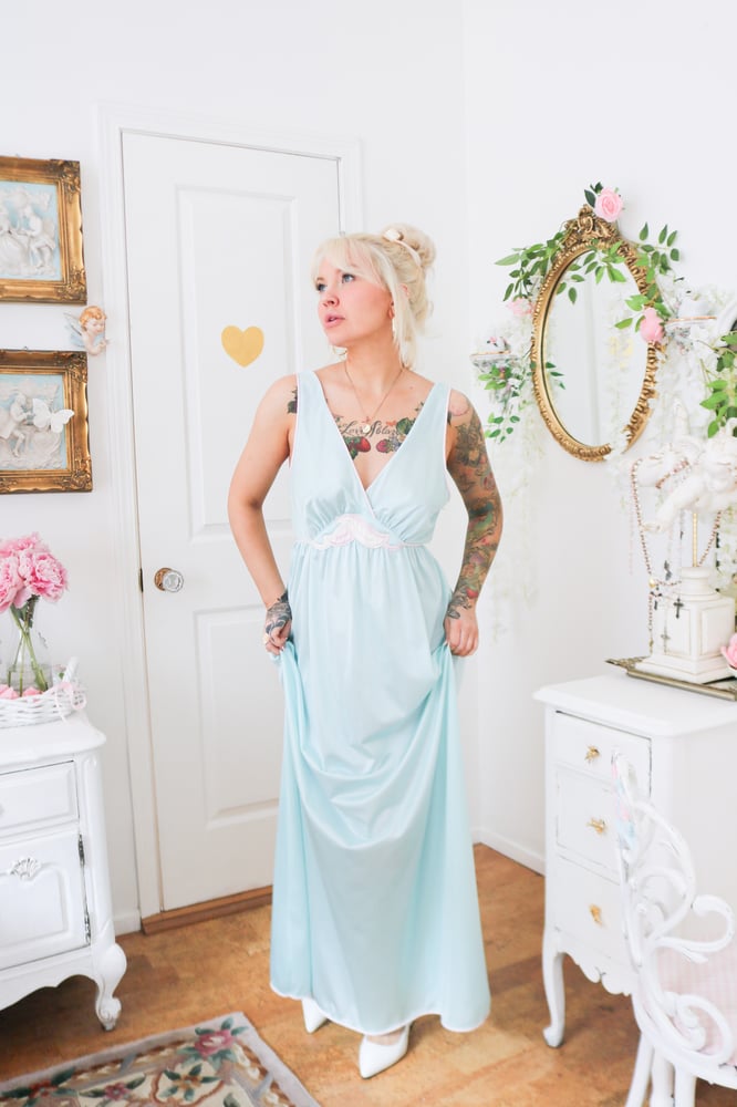 Image of Vintage 1980s Lorraine Baby Blue Floor Length Nightgown (Medium)