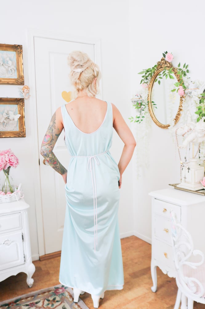 Image of Vintage 1980s Lorraine Baby Blue Floor Length Nightgown (Medium)