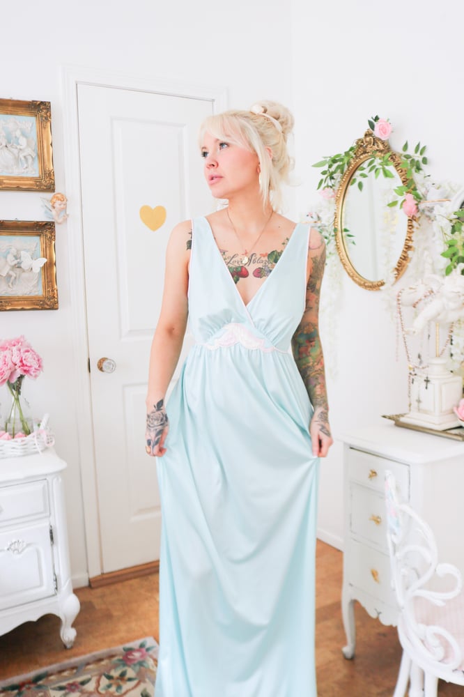 Image of Vintage 1980s Lorraine Baby Blue Floor Length Nightgown (Medium)