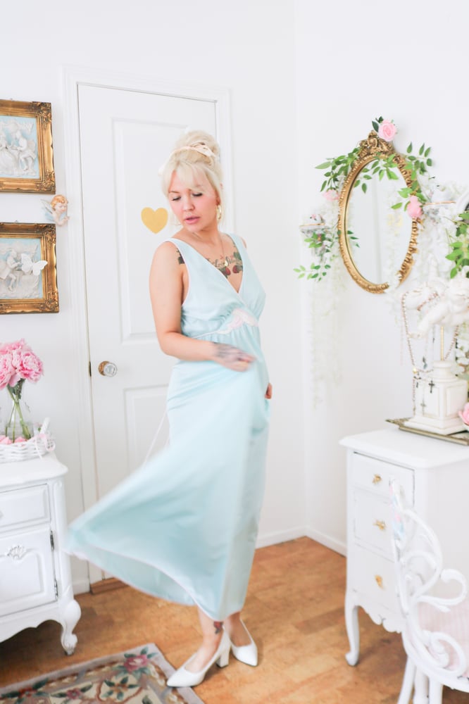 Image of Vintage 1980s Lorraine Baby Blue Floor Length Nightgown (Medium)