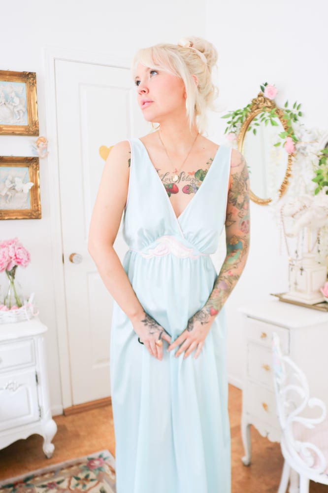 Image of Vintage 1980s Lorraine Baby Blue Floor Length Nightgown (Medium)