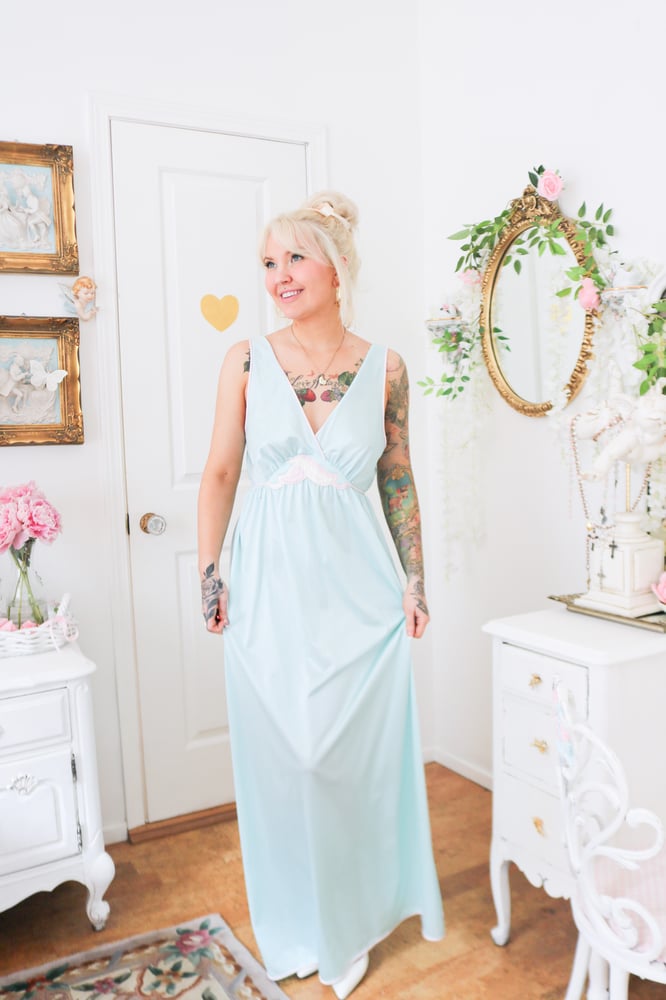 Image of Vintage 1980s Lorraine Baby Blue Floor Length Nightgown (Medium)