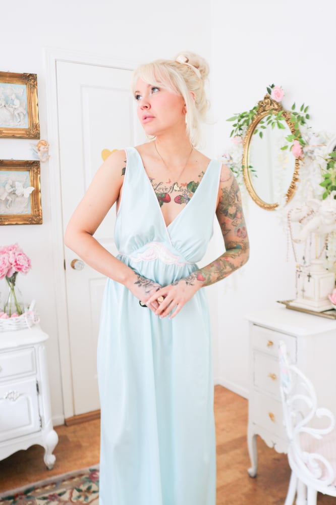 Image of Vintage 1980s Lorraine Baby Blue Floor Length Nightgown (Medium)