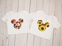 Image 2 of Floral Mouse Baby Toddler Girl’s Shirt Bodysuit Top Roses Sunflowers 