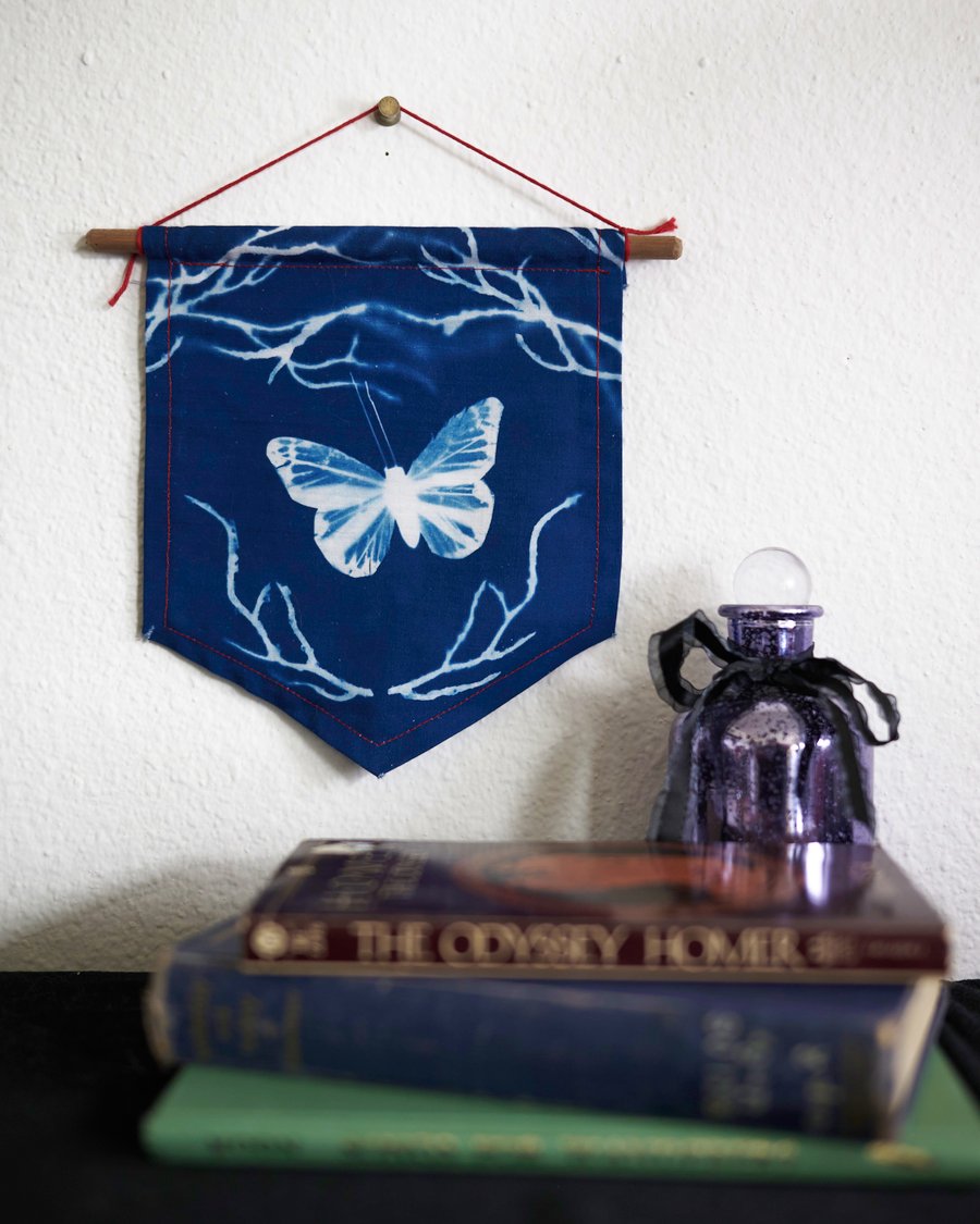 Image of Butterfly and Branches Cyanotype Hanging Wall Banner