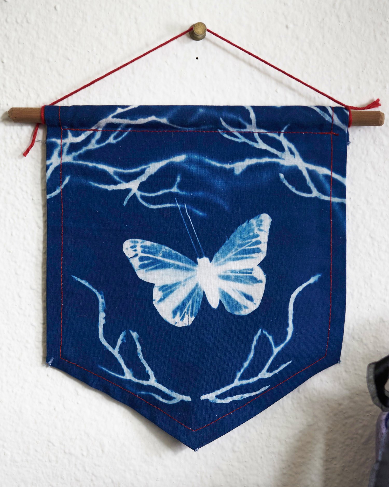 Image of Butterfly and Branches Cyanotype Hanging Wall Banner