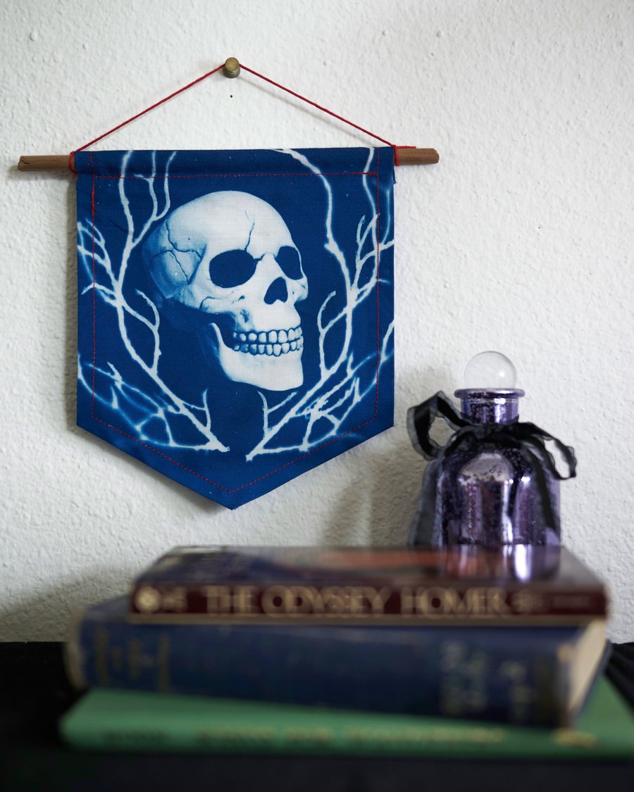 Image of Skull and Branches Cyanotype Hanging Wall Banner