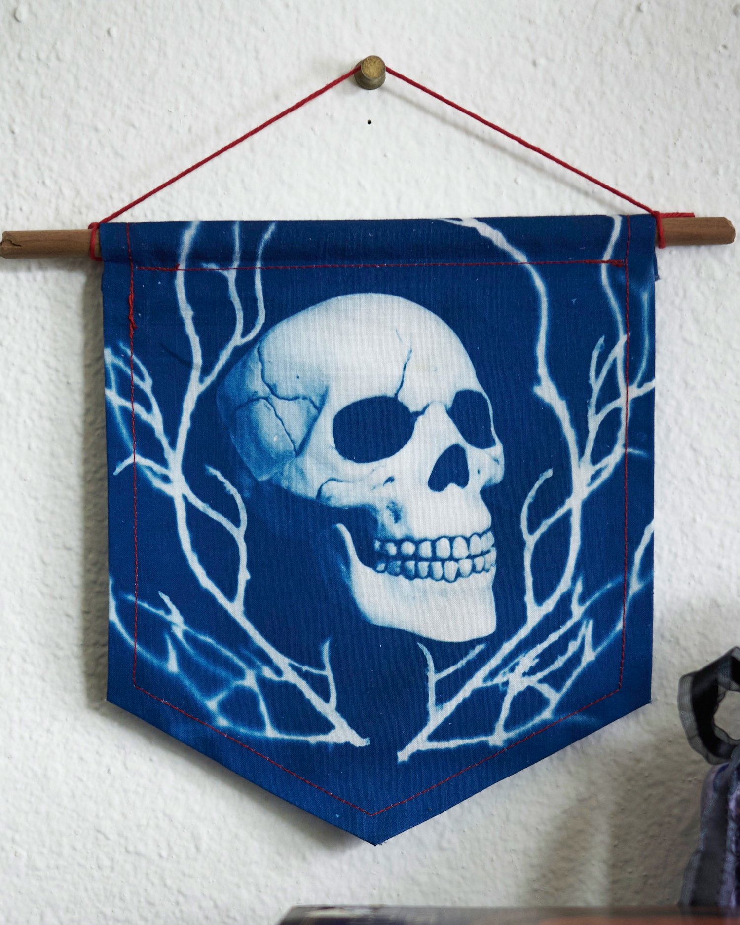 Image of Skull and Branches Cyanotype Hanging Wall Banner