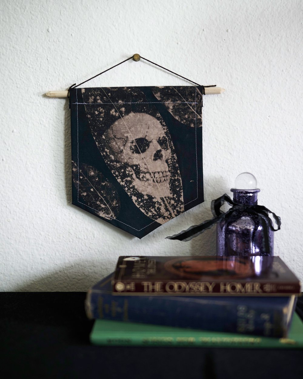 Image of Skull and Leaves Toned Cyanotype Hanging Wall Banner