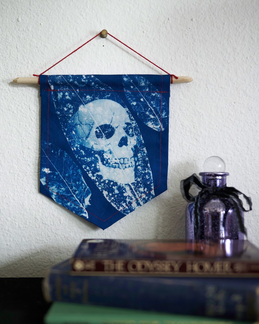 Image of Skull and Leaves Cyanotype Hanging Wall Banner